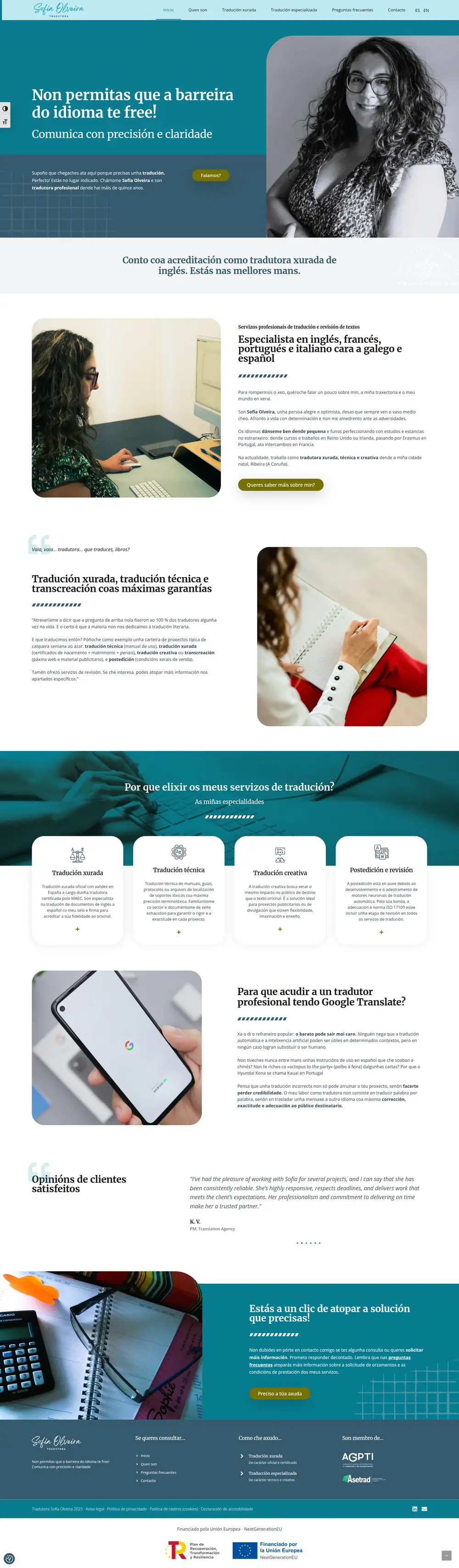 Captura da web de Sofía Olveira tradutora en escritorio